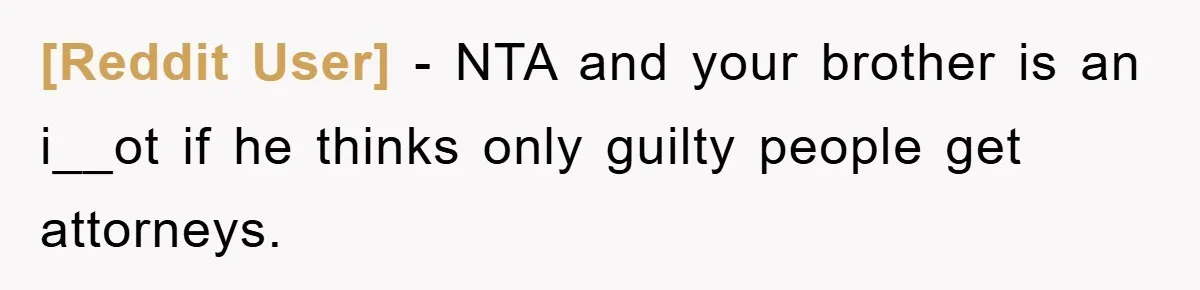 [Reddit User] − NTA and your brother is an i__ot if he thinks only guilty people get attorneys.