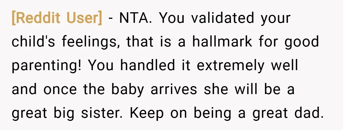 [Reddit User] − NTA. You validated your child's feelings, that is a hallmark for good parenting! You handled it extremely well and once the baby arrives she will be a...
