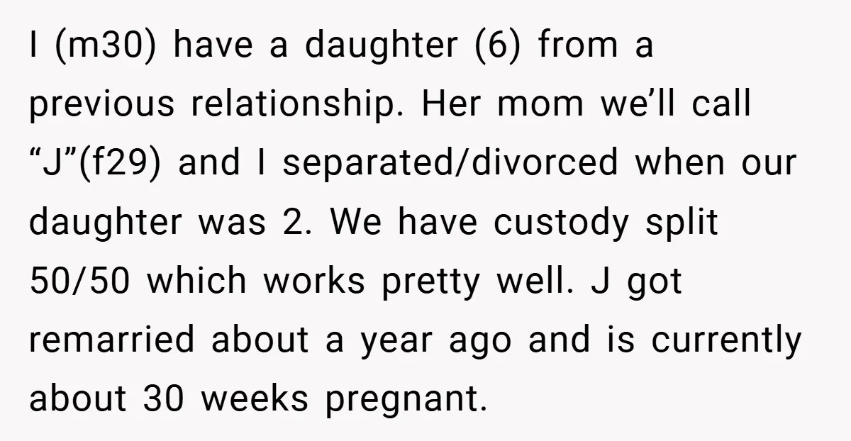 I (m30) have a daughter (6) from a previous relationship. Her mom we’ll call “J”(f29) and I separated/divorced when our daughter was 2. We have custody split 50/50 which works...