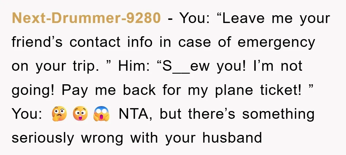 Next-Drummer-9280 − You: “Leave me your friend’s contact info in case of emergency on your trip. ” Him: “S__ew you! I’m not going! Pay me back for my plane ticket!...