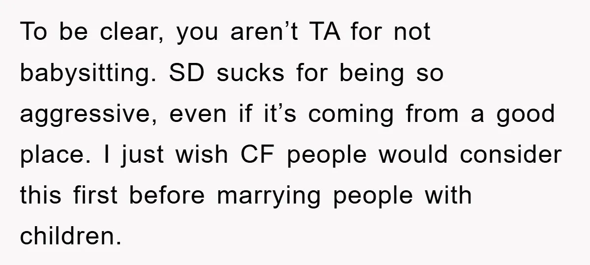 To be clear, you aren’t TA for not babysitting. SD sucks for being so aggressive, even if it’s coming from a good place. I just wish CF people would consider...
