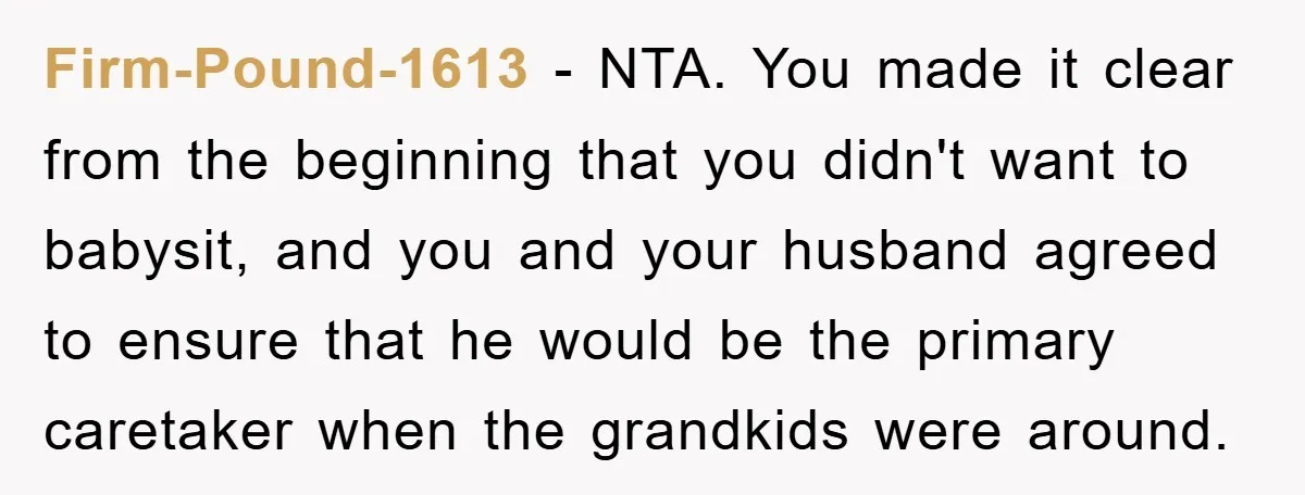 Firm-Pound-1613 − NTA. You made it clear from the beginning that you didn't want to babysit, and you and your husband agreed to ensure that he would be the primary...