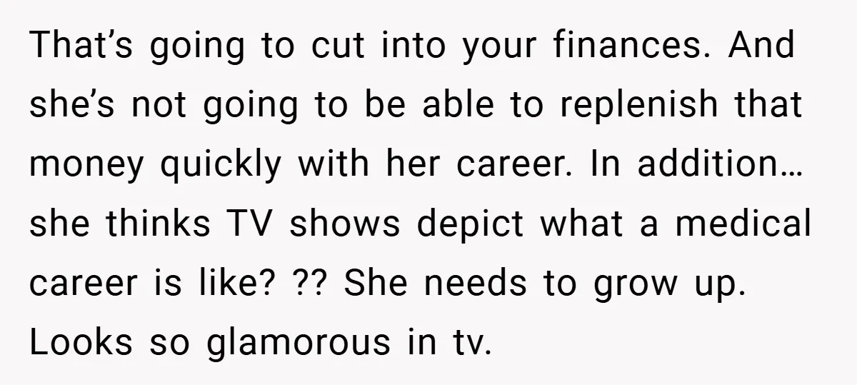That’s going to cut into your finances. And she’s not going to be able to replenish that money quickly with her career. In addition…she thinks TV shows depict what a...