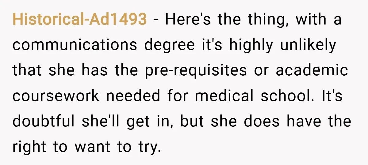 Historical-Ad1493 − Here's the thing, with a communications degree it's highly unlikely that she has the pre-requisites or academic coursework needed for medical school. It's doubtful she'll get in, but...