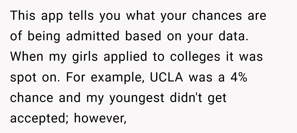 This app tells you what your chances are of being admitted based on your data. When my girls applied to colleges it was spot on. For example, UCLA was a...