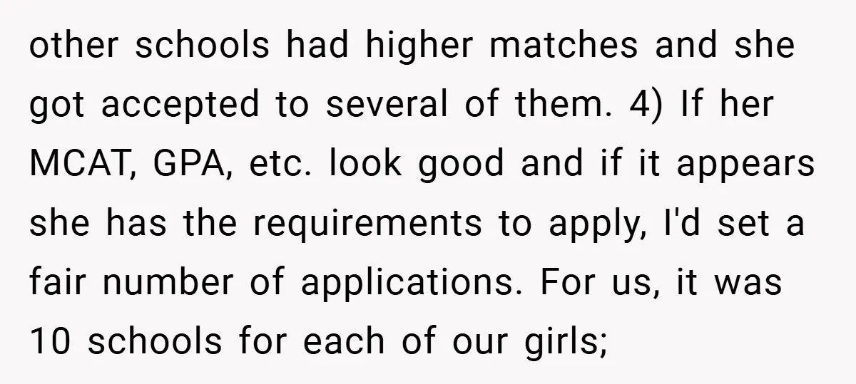 other schools had higher matches and she got accepted to several of them. 4) If her MCAT, GPA, etc. look good and if it appears she has the requirements to...