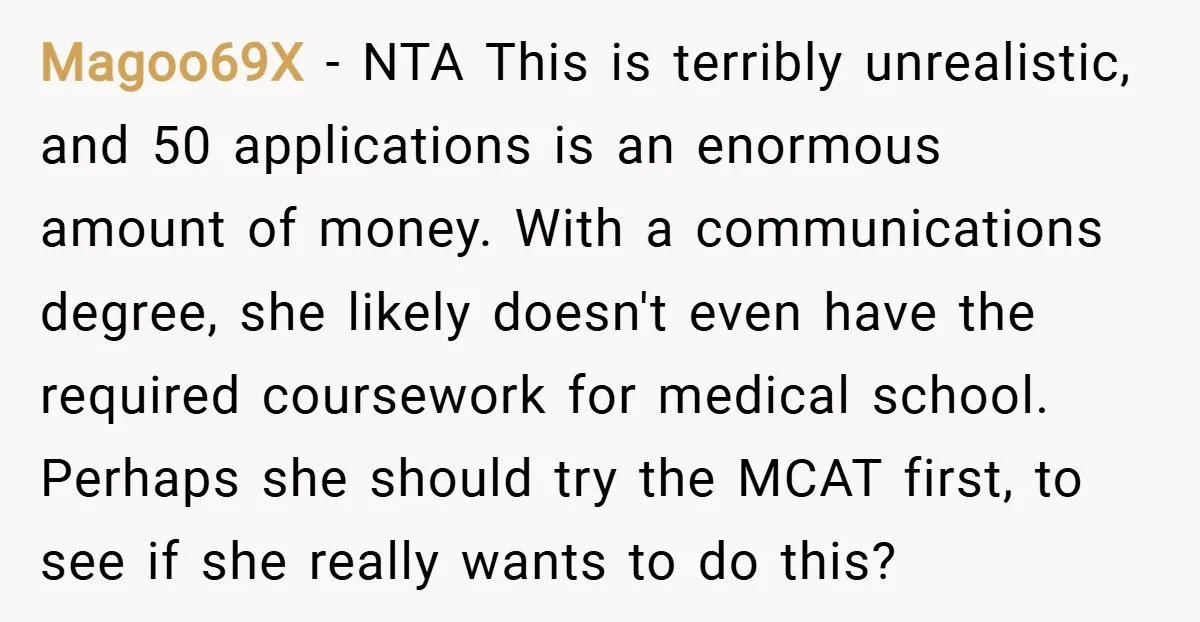 Magoo69X − NTA This is terribly unrealistic, and 50 applications is an enormous amount of money. With a communications degree, she likely doesn't even have the required coursework for medical...