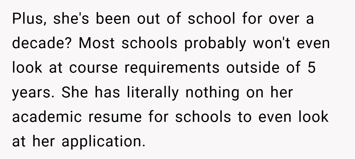 Plus, she's been out of school for over a decade? Most schools probably won't even look at course requirements outside of 5 years. She has literally nothing on her academic...