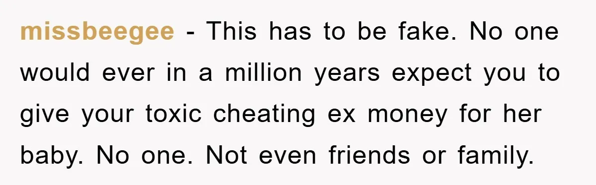 missbeegee - This has to be fake. No one would ever in a million years expect you to give your toxic cheating ex money for her baby. No one. Not...