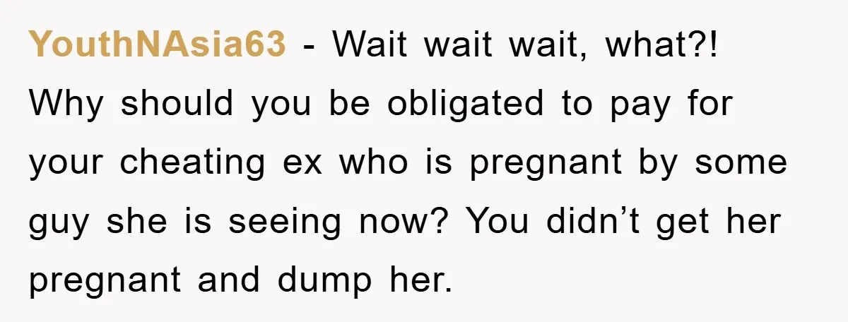 YouthNAsia63 - Wait wait wait, what?! Why should you be obligated to pay for your cheating ex who is pregnant by some guy she is seeing now? You didn’t get...