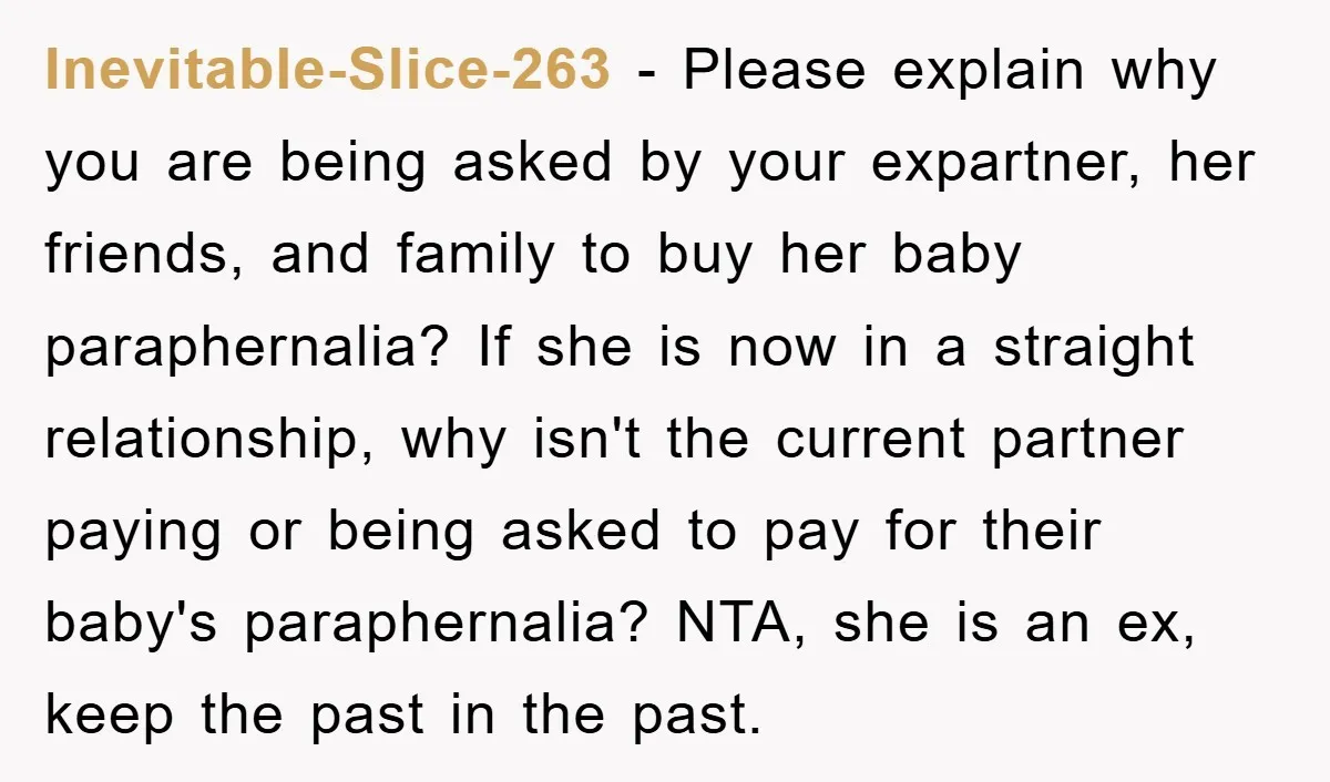 Inevitable-Slice-263 - Please explain why you are being asked by your expartner, her friends, and family to buy her baby paraphernalia? If she is now in a straight relationship, why...