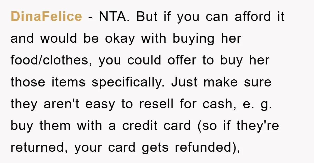 DinaFelice − NTA. But if you can afford it and would be okay with buying her food/clothes, you could offer to buy her those items specifically. Just make sure they...