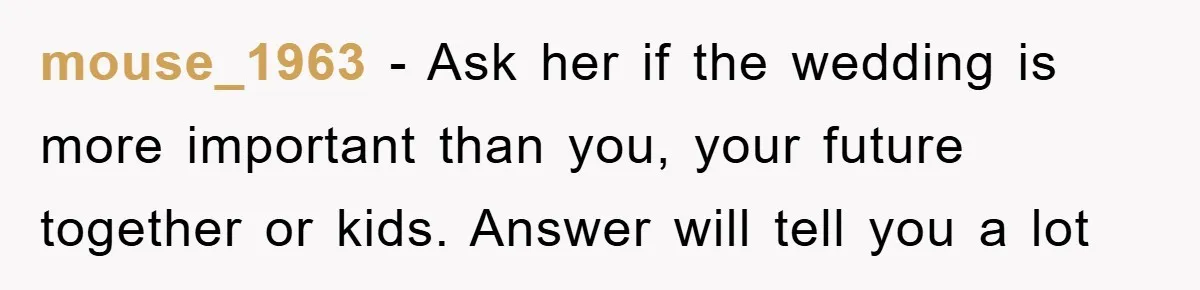 mouse_1963 − Ask her if the wedding is more important than you, your future together or kids. Answer will tell you a lot