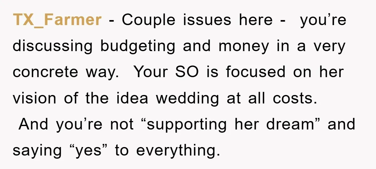 TX_Farmer − Couple issues here - you’re discussing budgeting and money in a very concrete way. Your SO is focused on her vision of the idea wedding at all costs....