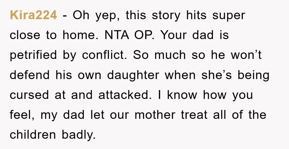 Kira224 - Oh yep, this story hits super close to home. NTA OP. Your dad is petrified by conflict. So much so he won’t defend his own daughter when she’s...