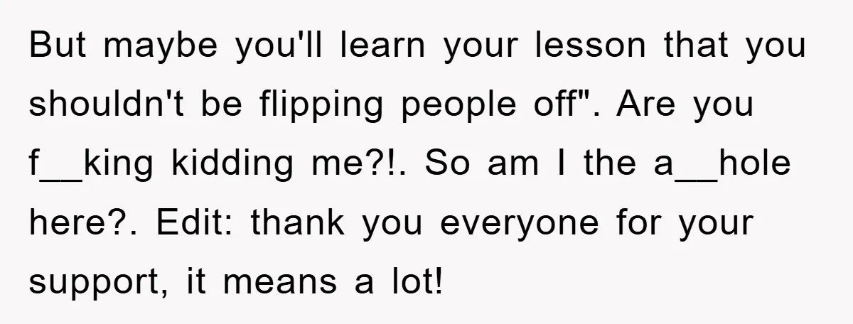 But maybe you'll learn your lesson that you shouldn't be flipping people off". Are you f__king kidding me?!. So am I the a__hole here?. Edit: thank you everyone for your...