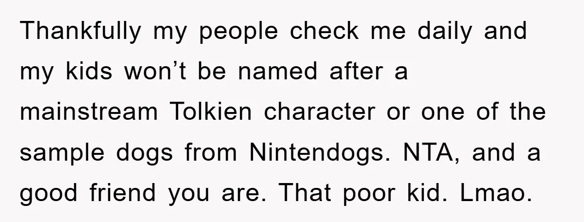 Thankfully my people check me daily and my kids won’t be named after a mainstream Tolkien character or one of the sample dogs from Nintendogs. NTA, and a good friend...