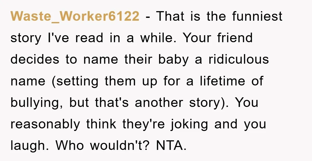 Waste_Worker6122 − That is the funniest story I've read in a while. Your friend decides to name their baby a ridiculous name (setting them up for a lifetime of bullying,...