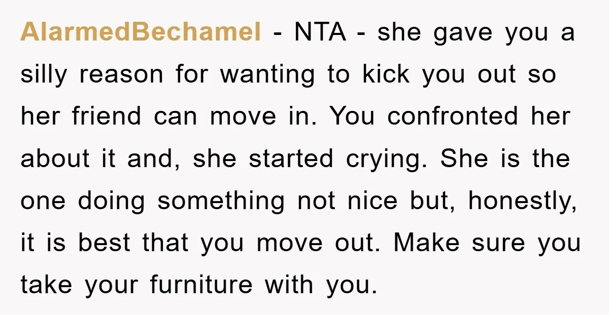 AlarmedBechamel - NTA - she gave you a silly reason for wanting to kick you out so her friend can move in. You confronted her about it and, she started...