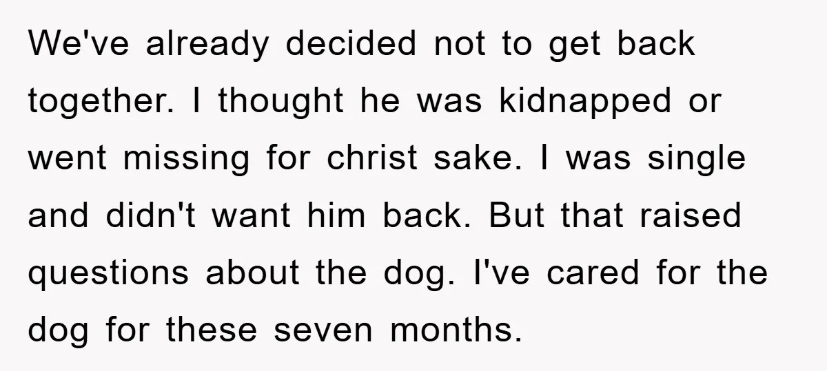 We've already decided not to get back together. I thought he was kidnapped or went missing for christ sake. I was single and didn't want him back. But that raised...