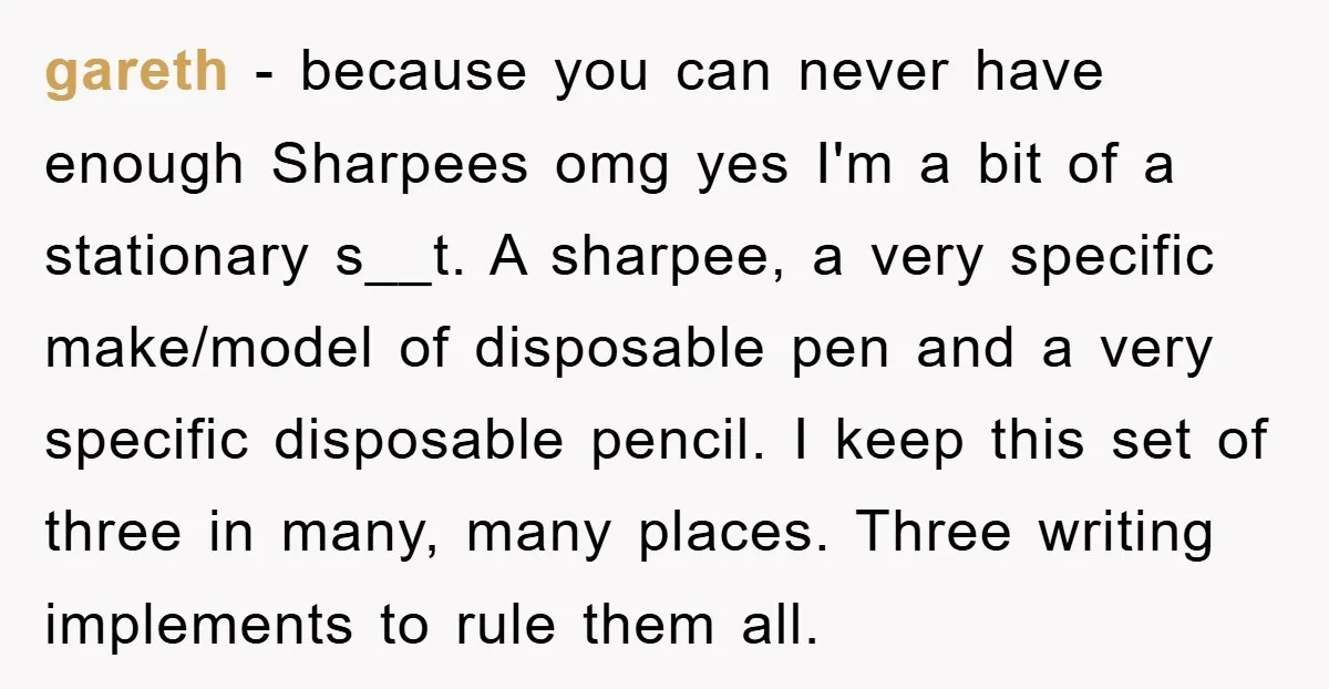 gareth − because you can never have enough Sharpees omg yes I'm a bit of a stationary s__t. A sharpee, a very specific make/model of disposable pen and a very...