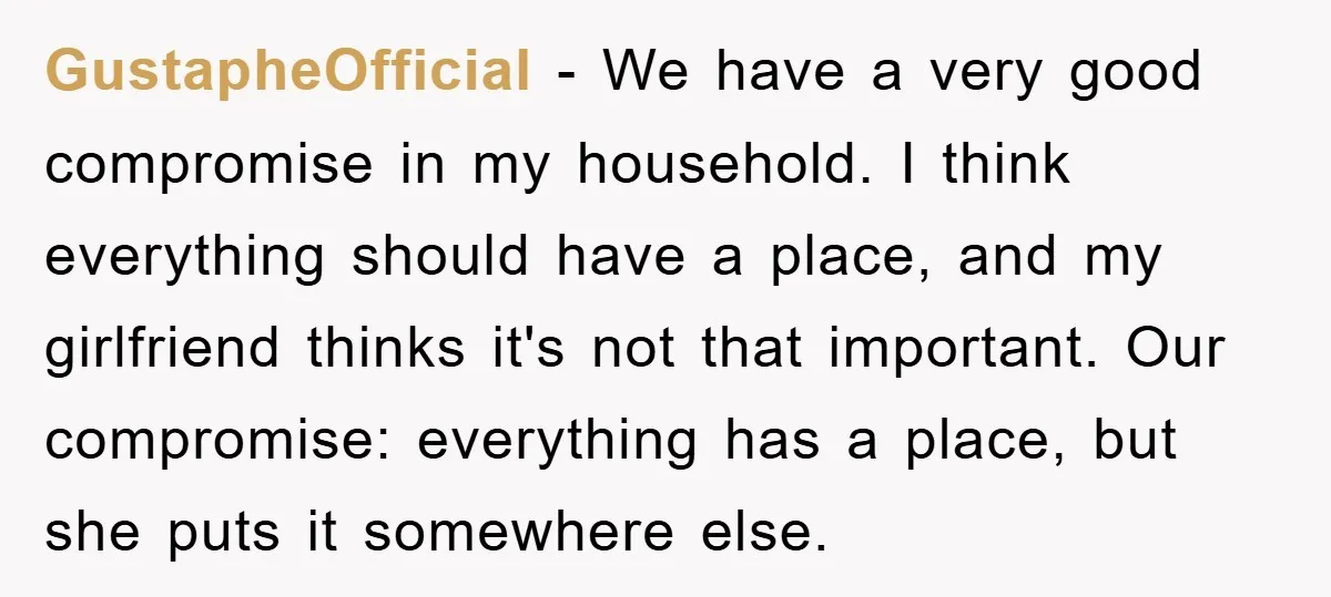 GustapheOfficial − We have a very good compromise in my household. I think everything should have a place, and my girlfriend thinks it's not that important. Our compromise: everything has...