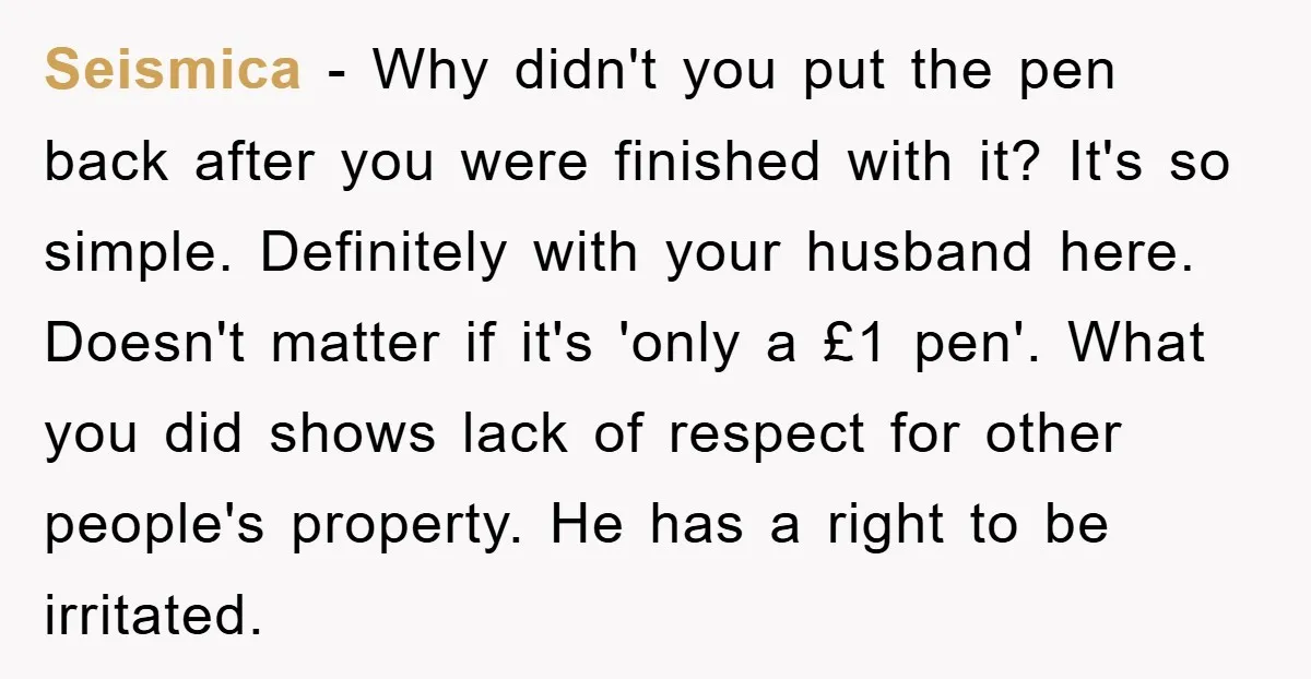 Seismica − Why didn't you put the pen back after you were finished with it? It's so simple. Definitely with your husband here. Doesn't matter if it's 'only a £1...