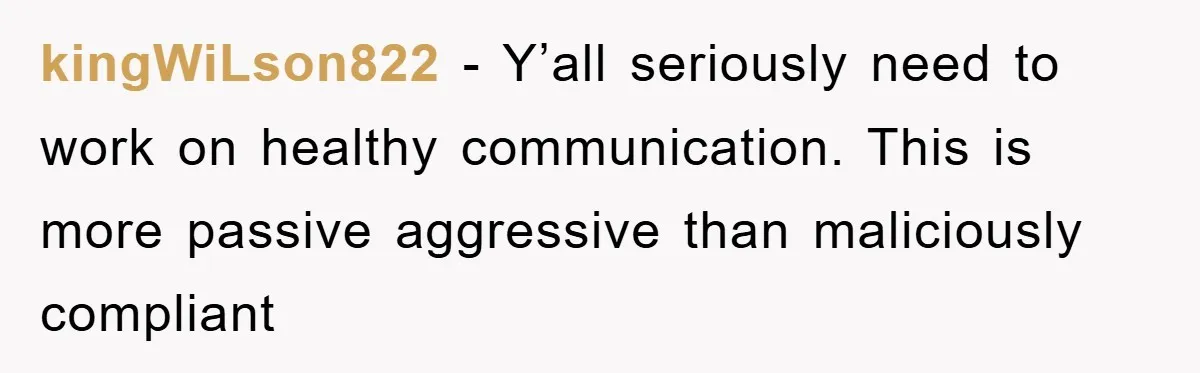 kingWiLson822 − Y’all seriously need to work on healthy communication. This is more passive aggressive than maliciously compliant