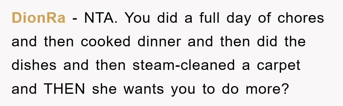 DionRa - NTA. You did a full day of chores and then cooked dinner and then did the dishes and then steam-cleaned a carpet and THEN she wants you to...