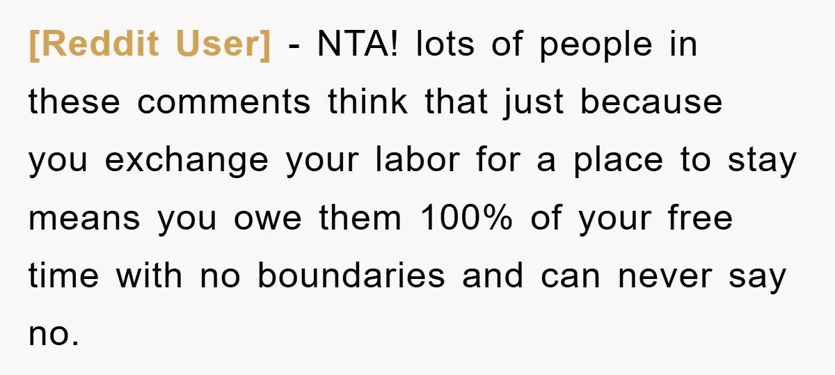[Reddit User] - NTA! lots of people in these comments think that just because you exchange your labor for a place to stay means you owe them 100% of your...