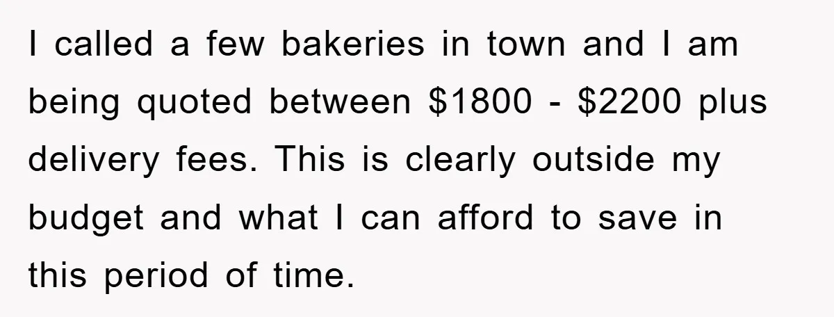 I called a few bakeries in town and I am being quoted between $1800 - $2200 plus delivery fees. This is clearly outside my budget and what I can afford...