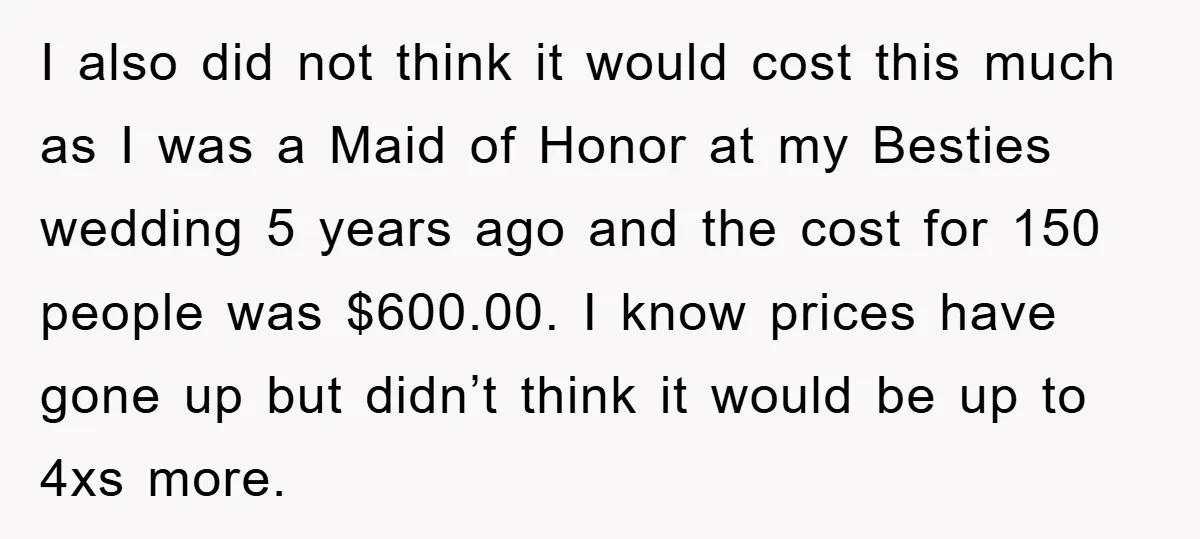 I also did not think it would cost this much as I was a Maid of Honor at my Besties wedding 5 years ago and the cost for 150 people...