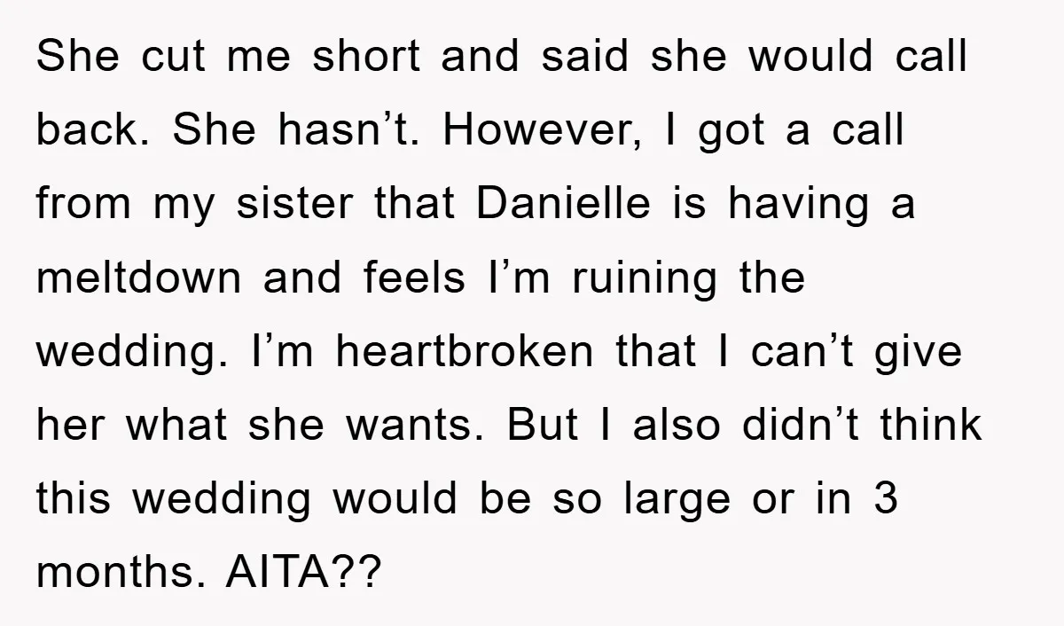 She cut me short and said she would call back. She hasn’t. However, I got a call from my sister that Danielle is having a meltdown and feels I’m ruining...