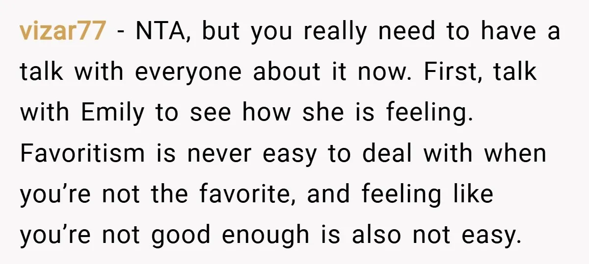 vizar77 − NTA, but you really need to have a talk with everyone about it now. First, talk with Emily to see how she is feeling. Favoritism is never easy...