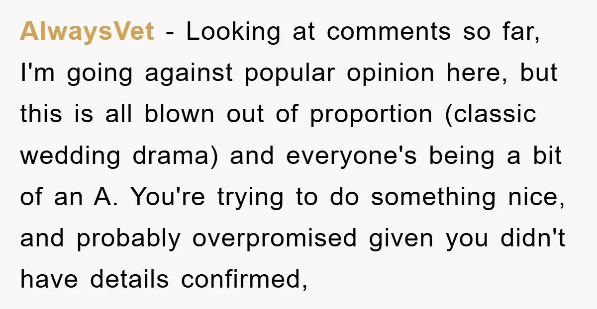 AlwaysVet − Looking at comments so far, I'm going against popular opinion here, but this is all blown out of proportion (classic wedding drama) and everyone's being a bit of...