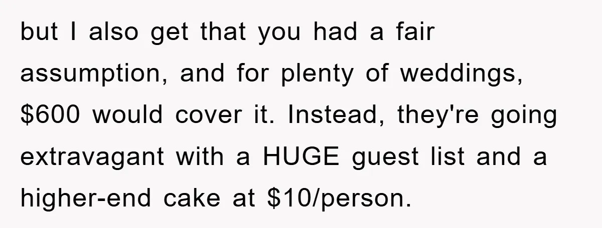 but I also get that you had a fair assumption, and for plenty of weddings, $600 would cover it. Instead, they're going extravagant with a HUGE guest list and a...