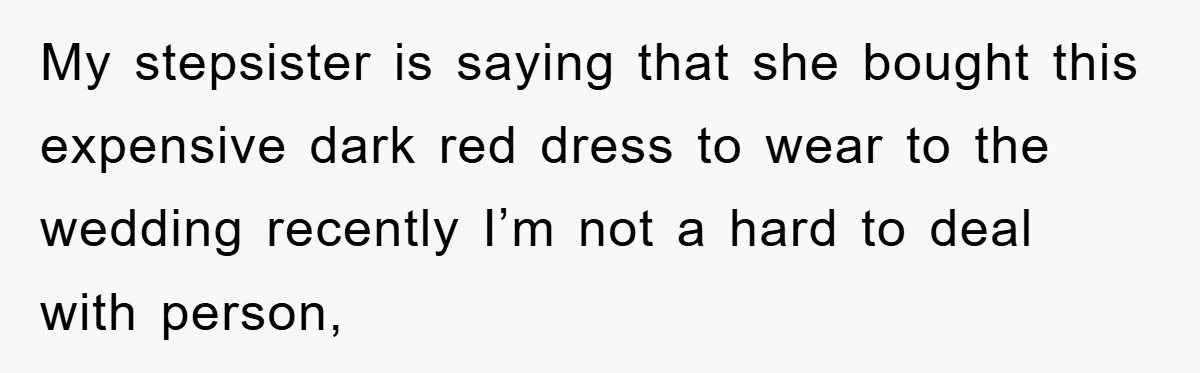 My stepsister is saying that she bought this expensive dark red dress to wear to the wedding recently I’m not a hard to deal with person,