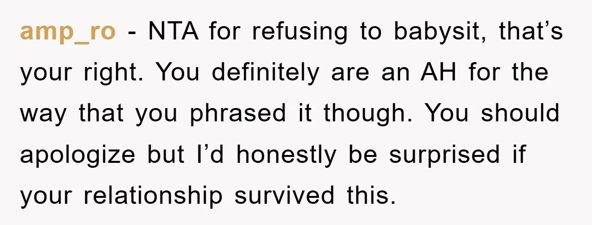 amp_ro - NTA for refusing to babysit, that’s your right. You definitely are an AH for the way that you phrased it though. You should apologize but I’d honestly be...