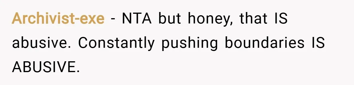 Archivist-exe − NTA but honey, that IS abusive. Constantly pushing boundaries IS ABUSIVE.