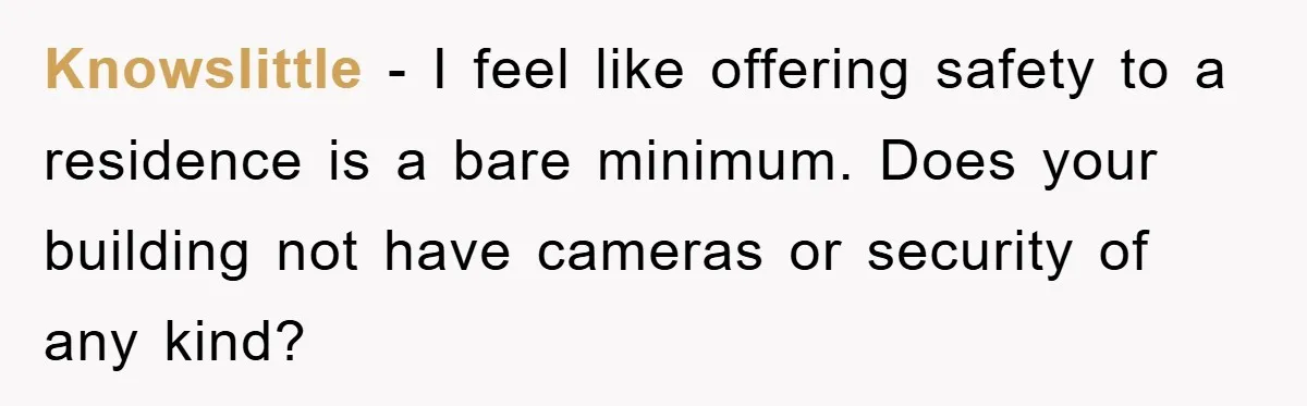 KnowsIittle − I feel like offering safety to a residence is a bare minimum. Does your building not have cameras or security of any kind?