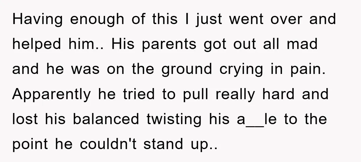 Having enough of this I just went over and helped him.. His parents got out all mad and he was on the ground crying in pain. Apparently he tried to...