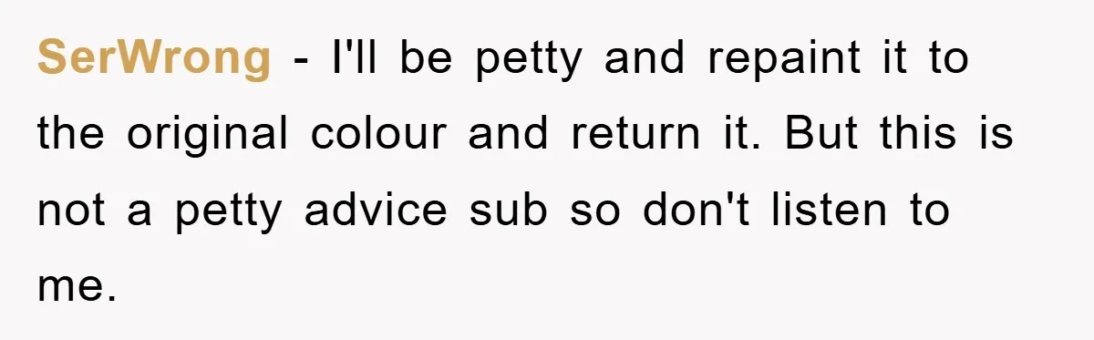 SerWrong − I'll be petty and repaint it to the original colour and return it. But this is not a petty advice sub so don't listen to me.