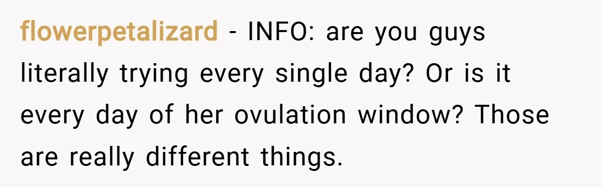 flowerpetalizard − INFO: are you guys literally trying every single day? Or is it every day of her ovulation window? Those are really different things.