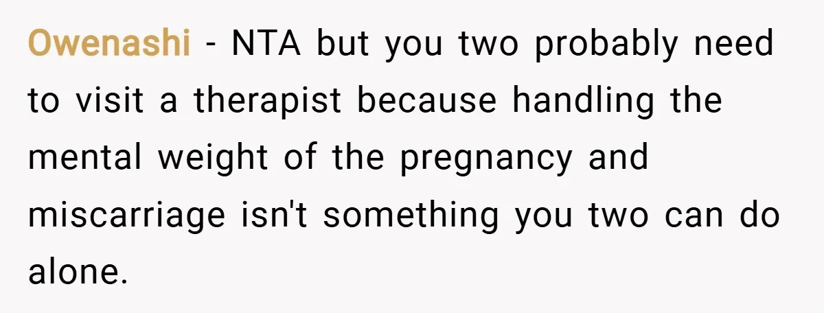 Owenashi − NTA but you two probably need to visit a therapist because handling the mental weight of the pregnancy and miscarriage isn't something you two can do alone.
