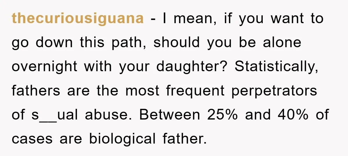 thecuriousiguana - I mean, if you want to go down this path, should you be alone overnight with your daughter? Statistically, fathers are the most frequent perpetrators of s__ual abuse....