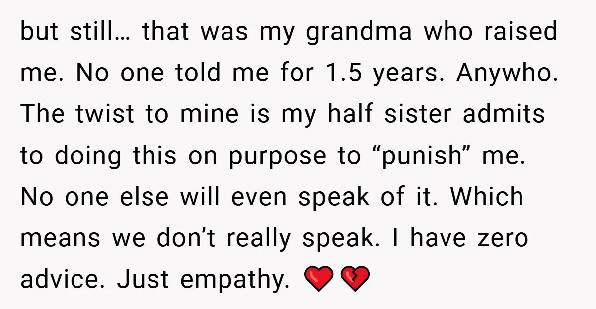 but still… that was my grandma who raised me. No one told me for 1.5 years. Anywho. The twist to mine is my half sister admits to doing this on...