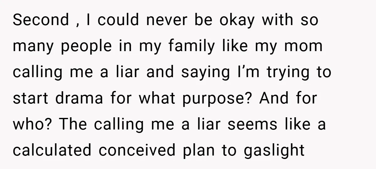 Second , I could never be okay with so many people in my family like my mom calling me a liar and saying I’m trying to start drama for what...
