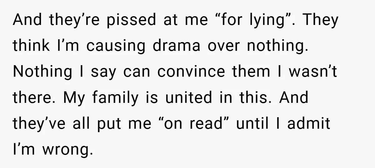And they’re pissed at me “for lying”. They think I’m causing drama over nothing. Nothing I say can convince them I wasn’t there. My family is united in this. And...