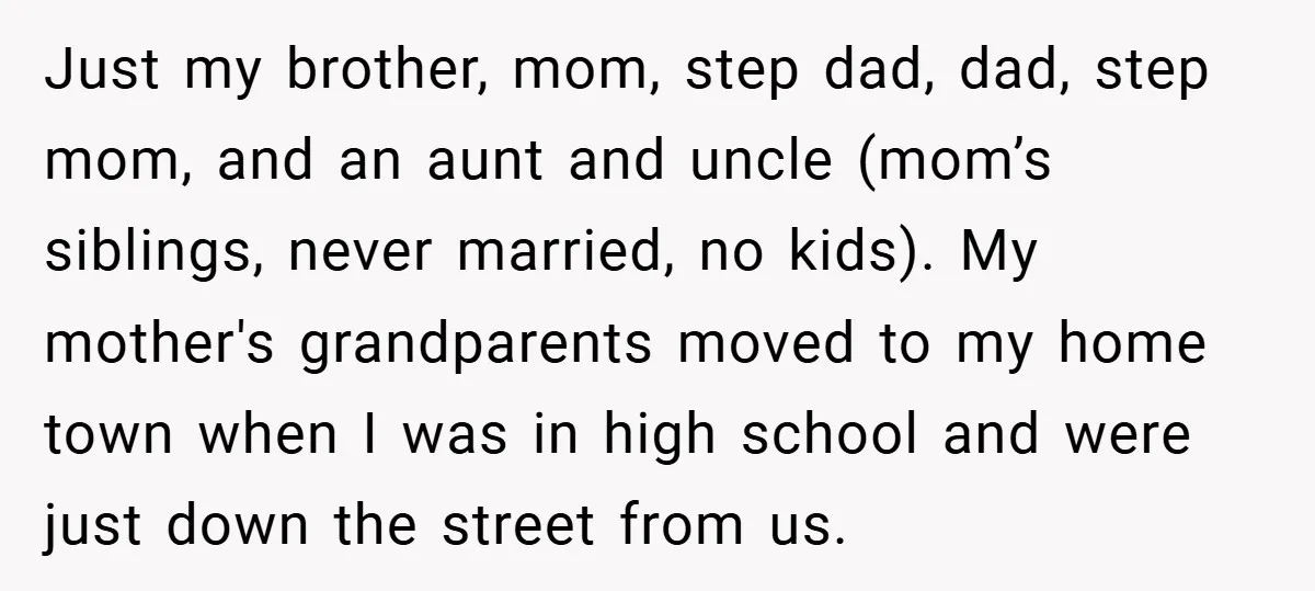 Just my brother, mom, step dad, dad, step mom, and an aunt and uncle (mom’s siblings, never married, no kids). My mother's grandparents moved to my home town when I...