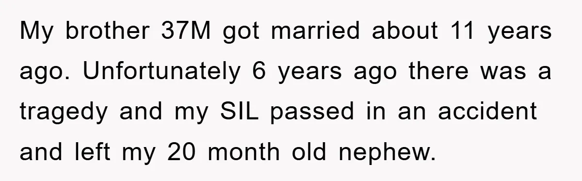 My brother 37M got married about 11 years ago. Unfortunately 6 years ago there was a tragedy and my SIL passed in an accident and left my 20 month old...
